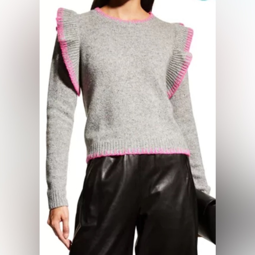 AUTUMN CASHMERE Ruffle Blanket-Stitch Sweater Size Small Gray